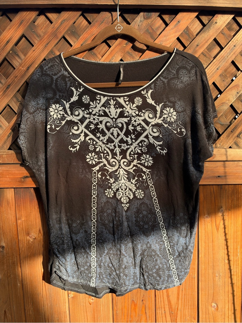 Women's Black Ombre Floral Scroll Print Top